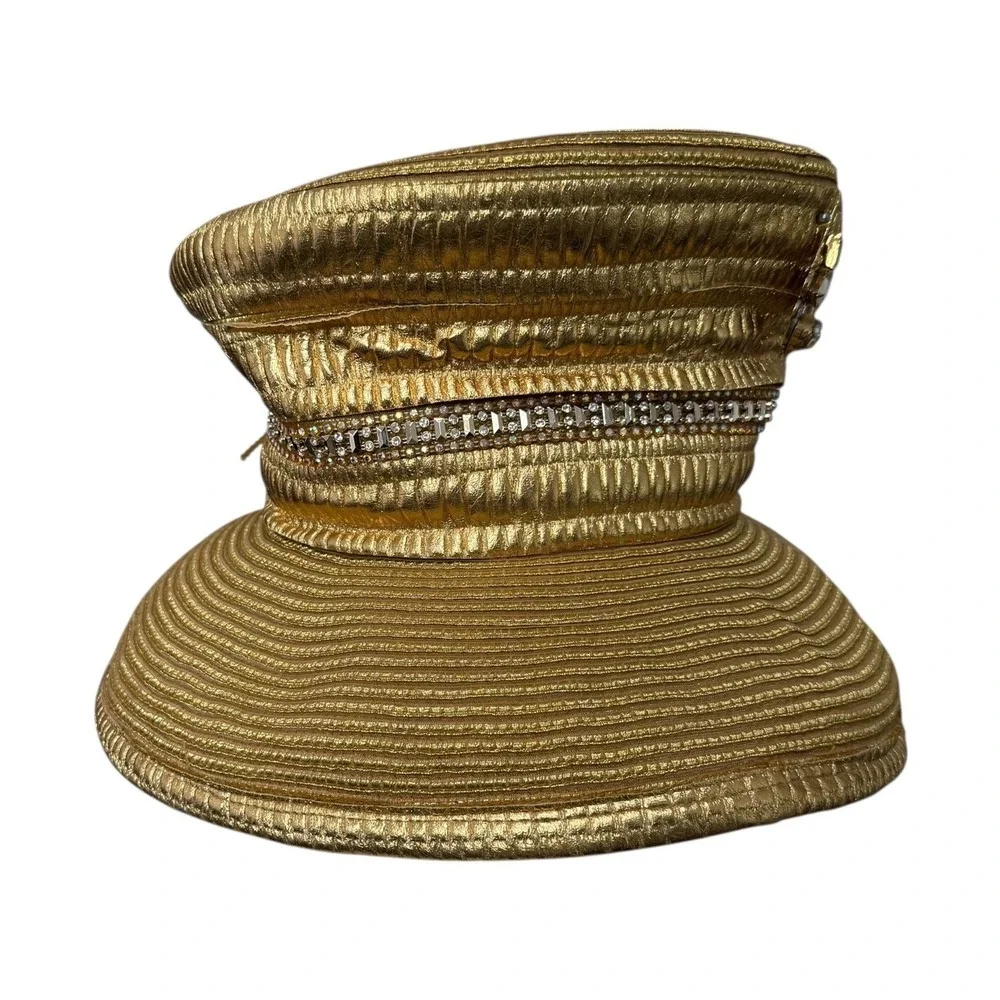 Shellie McDowell NY Gold Metallic Wide Brim Hat Lawrence Vrba Crystal Brooch